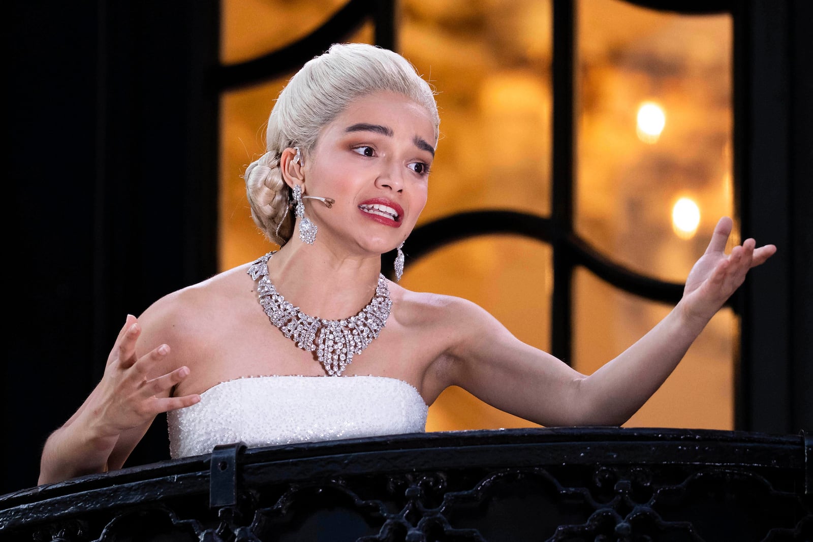 Rachel Zegler performs the song 'Don't Cry For Me Argentina' from The London Palladium Theatre balcony during a performance of Evita on Wednesday, June 18, 2025, in London. (Photo by Scott A Garfitt/Invision/AP)