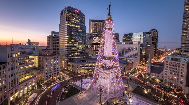 According to Visit Indy, Circle of Lights features the world’s largest Christmas tree with nearly 5,000 lights and 52 garland strands streaming from the city’s 284-foot-tall Soldiers and Sailors Monument. Photo Courtesy Downtown Indy, Inc. CONTRIBUTED