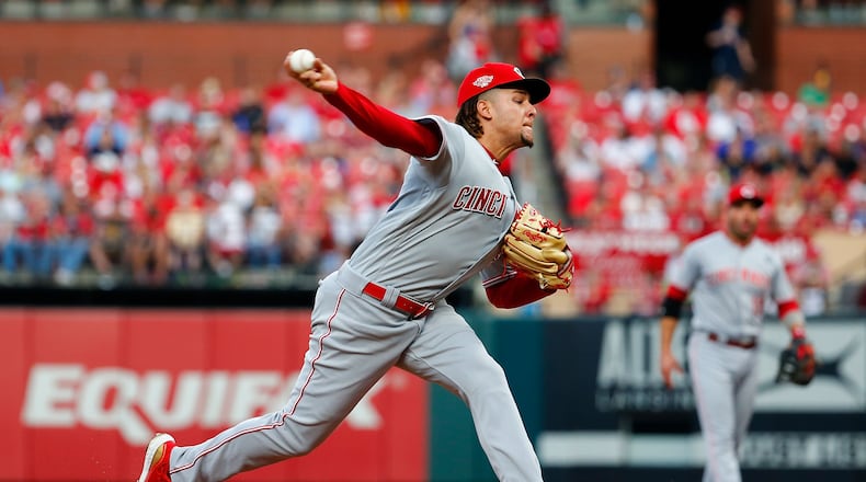 ST LOUIS, MO - SEPTEMBER 01: Luis Castillo #58 of the Cincinnati Reds pitches against the St. Louis Cardinals in the third inning during game two of a doubleheader at Busch Stadium on September 1, 2019 in St Louis, Missouri. (Photo by Dilip Vishwanat/Getty Images)
