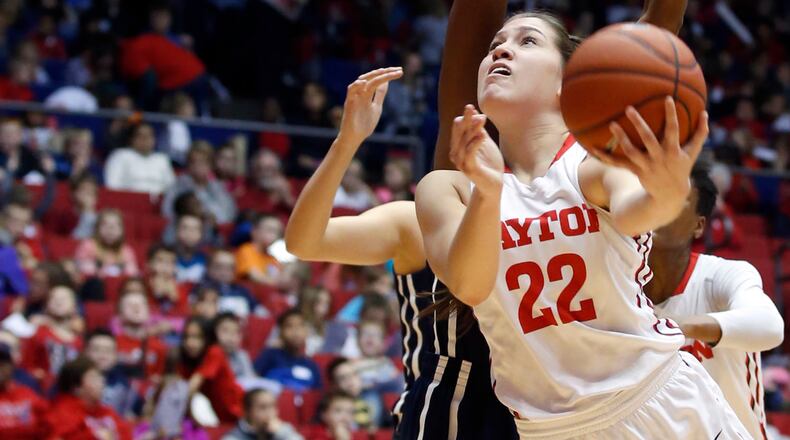 Dayton’s Kelley Austria pushes her way inside as the Flyers hosted Yale in 2015. Ty Greenlees/Staff
