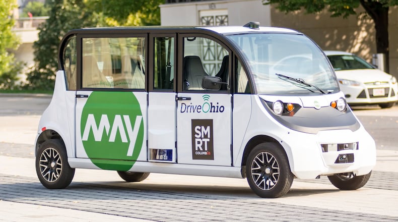 Dayton and Springboro are among local cities working through plans to add autonomous vehicles like this one in Columbus. This is the first autonomous shuttle to hit the streets in Ohio. (Bruce Hull, ODOT)