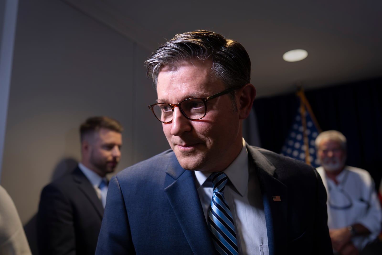 Speaker of the House Mike Johnson, R-La., departs a news conference at the Republican National Committee headquarters in Washington, Tuesday, July 15, 2025. (AP Photo/J. Scott Applewhite)