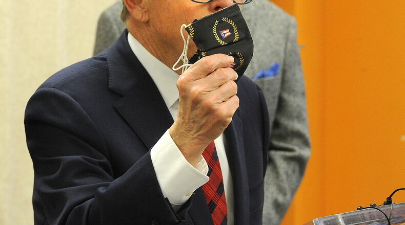 Ohio Gov. Mike DeWine is in Dayton this Monday morning, March 8, 2021 visiting the Bethesda Temple vaccination site on Salem Avenue in Harrison Twp. Gov. DeWine also mentioned how mask still play an inportant role in stopping the spread of the virus. MARSHALL GORBY\STAFF