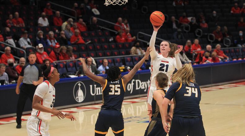 Dayton's Erin Whalen shoots against Toledo on Wednesday, Nov. 17, 2021, at UD Arena. David Jablonski/Staff