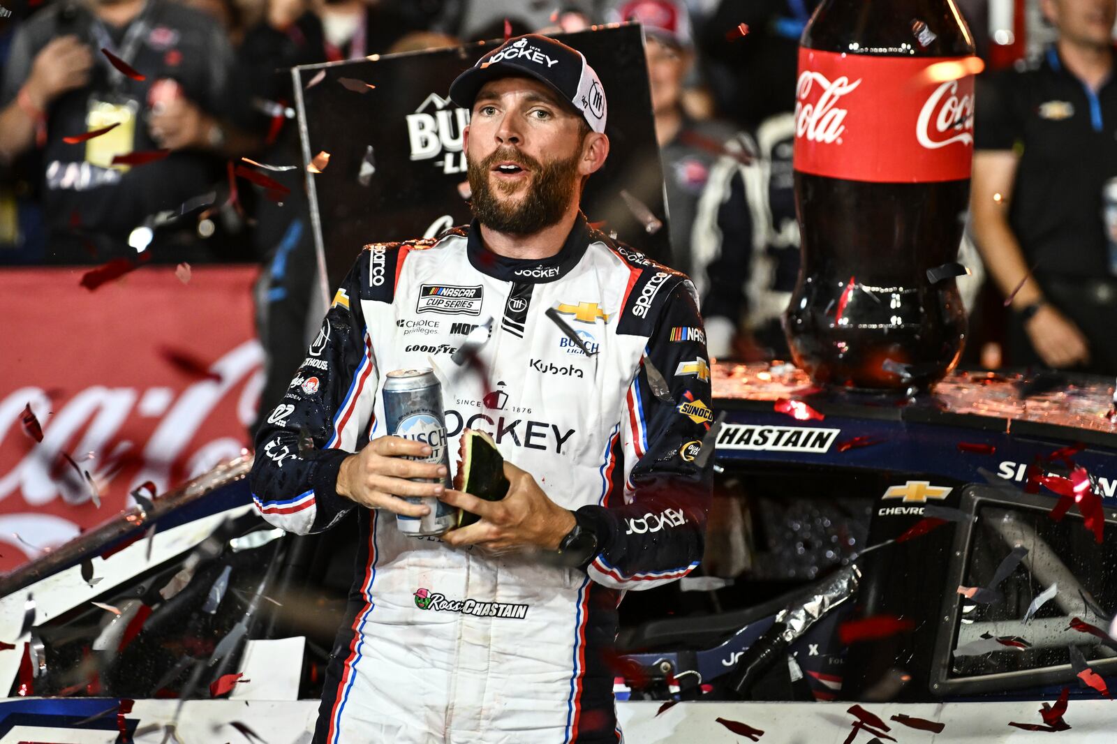 Ross Chastain celebrates in Victory Lane after winning a NASCAR Cup Series auto race at Charlotte Motor Speedway, Sunday, May 25, 2025, in Concord, N.C. (AP Photo/Matt Kelley)