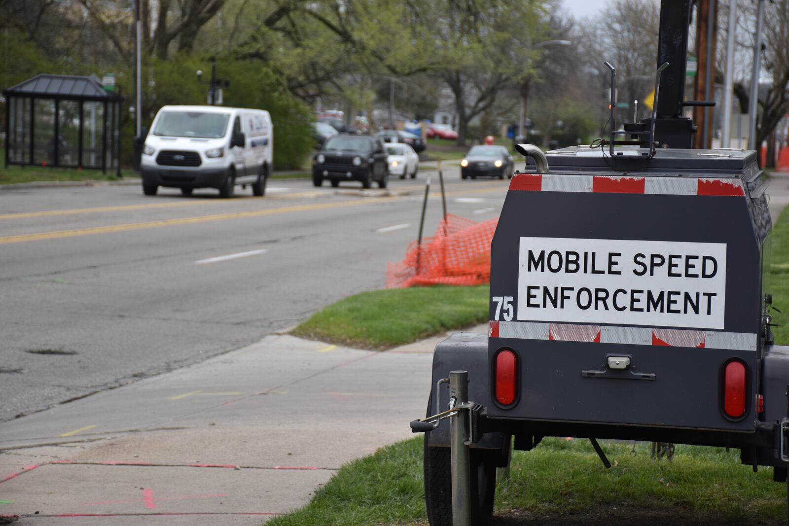 A mobile speed trailer in a school zone in southeast Dayton. CORNELIUS FROLIK / STAFF