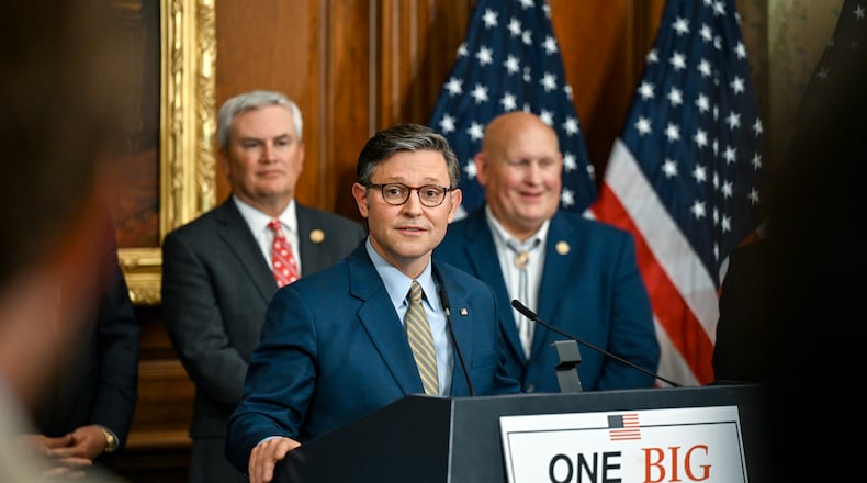 House Speaker Mike Johnson (R-La.) speaks to reporters at the Capitol in Washington on Thursday morning, May 22, 2025, after the House narrowly passed a wide-ranging bill to deliver President Donald Trump’s domestic agenda. The legislation would extend tax cuts, introduce some new ones and add more than $3 trillion to the deficit. (Kenny Holston/The New York Times)