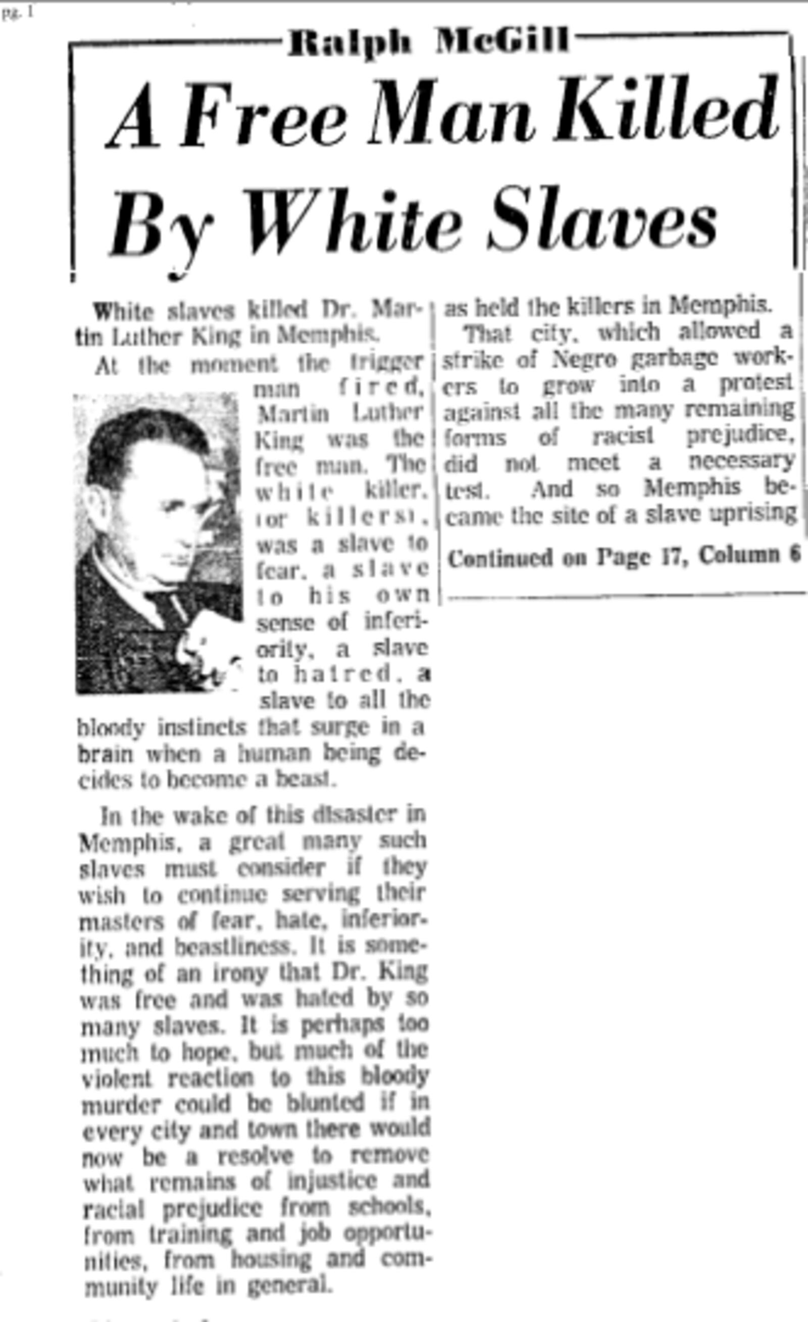 Ralph McGill's newspaper column from The Atlanta Constitution on April 5, 1968, the day after the killing of Martin Luther King Jr. (AJC archives)