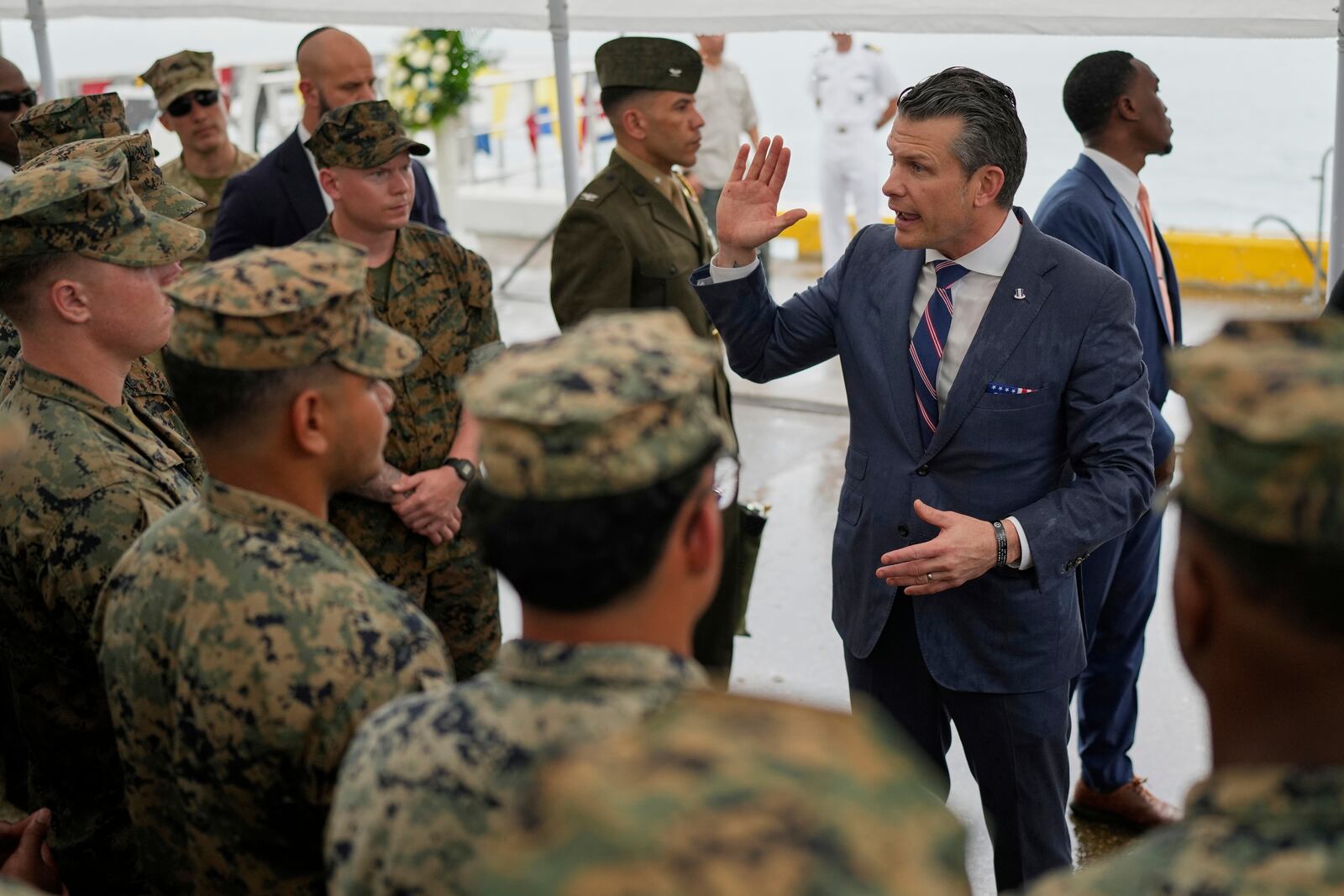 U.S. Defense Secretary Pete Hegseth speaks with U.S. troops in Port of Rodman, West Panama, Tuesday, April 8, 2025. (AP Photo/Matias Delacroix)