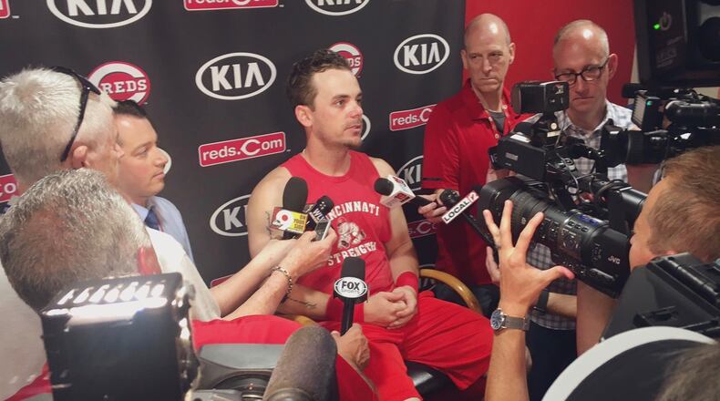 Reds second baseman Scooter Gennett talks to reporters on Friday, June 28, 2019, at Great American Ball Park in Cincinnati. David Jablonski/Staff