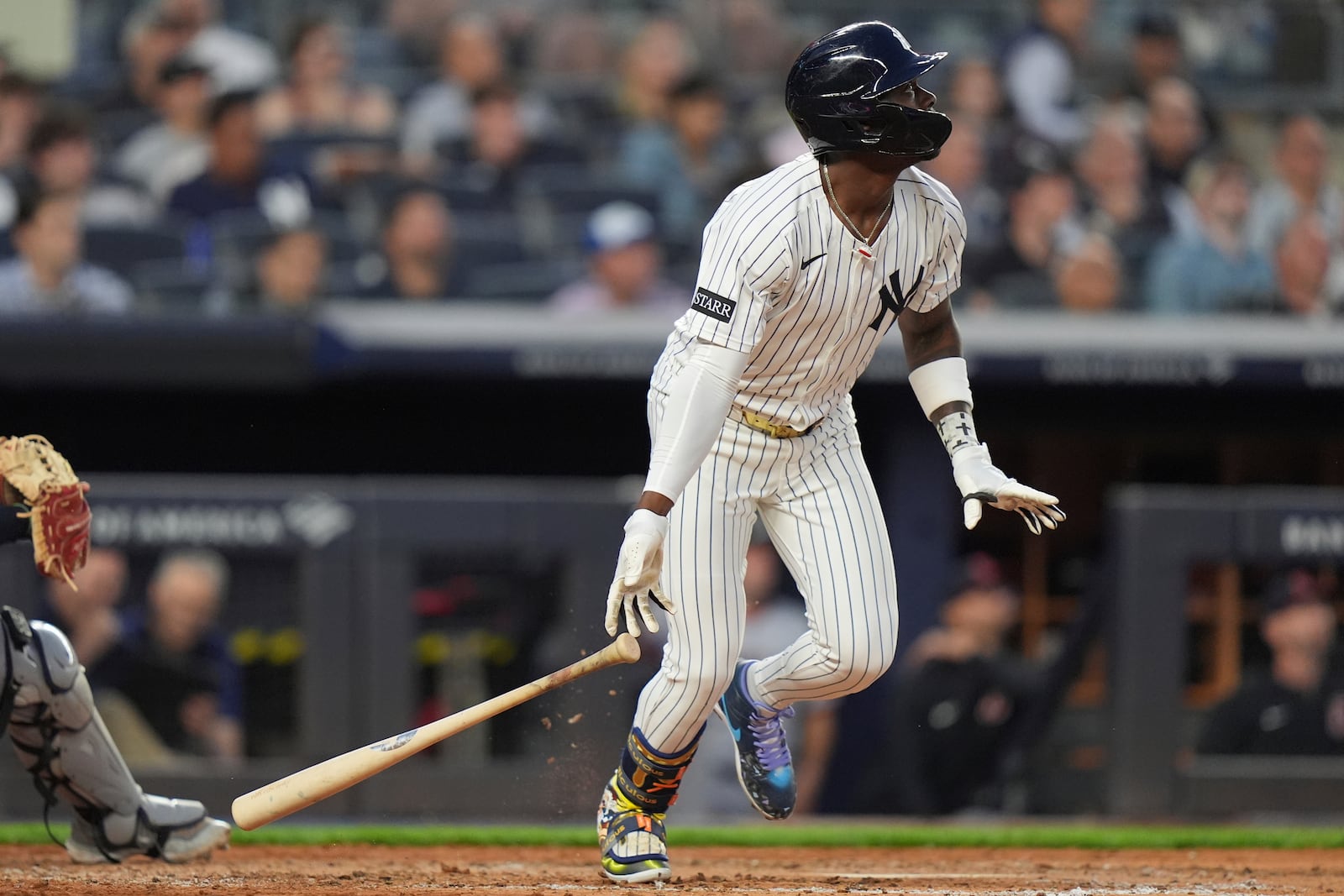 New York Yankees' Jazz Chisholm Jr. follows through on a single during the fifth inning of a baseball game against the Cleveland Guardians, Tuesday, June 3, 2025, in New York. (AP Photo/Frank Franklin II)