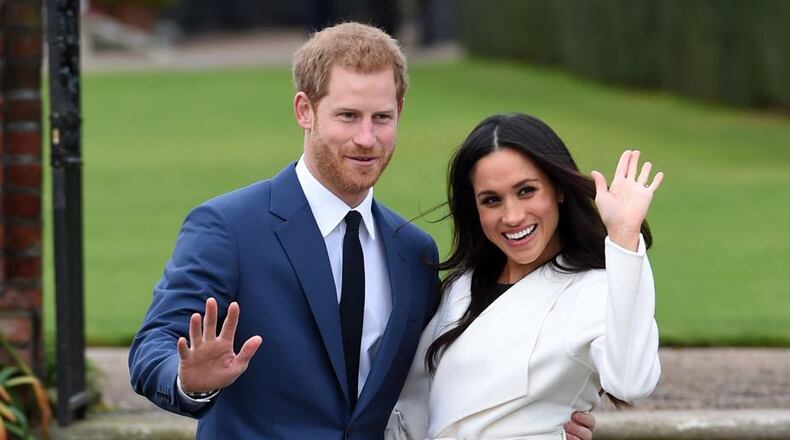 Prince Harry and Meghan Markle at a photocall to announce their engagement at Kensington Palace, in London, England, on Monday November 27, 2017. (Eddie Mulholland/Daily Telegraph/PA Wire/Abaca Press/TNS)