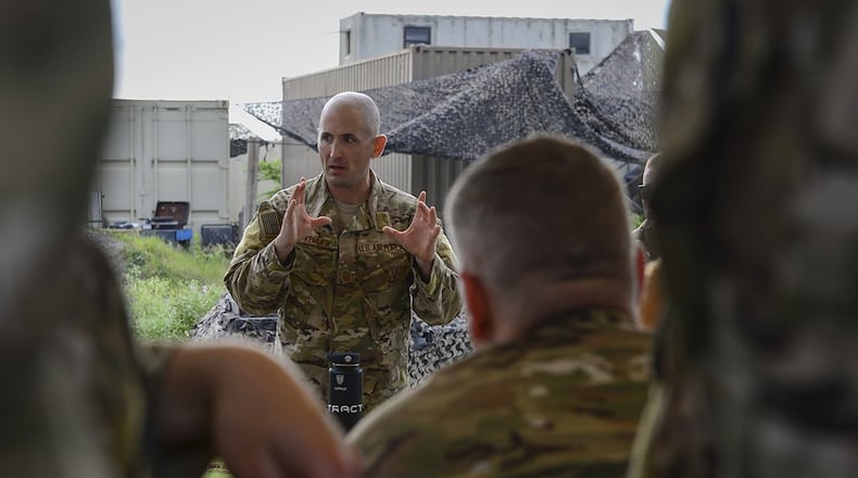 Senior Master Sgt. Brian Kemmer, 66th Training Squadron, Det. 3. superintendent, addresses special operations recruiters from the 330th Recruiting Squadron before an immersion at Joint Base San Antonio-Lackland, Texas, June 3, 2019. Due to COVID-19, modernizing the SERE training is under review to shift a one-size fits all approach to a flexible and more efficient concept that will adequately prepare forces for a high-end conflict. (U.S. Air Force photo/1st Lt. Kayshel Trudell)