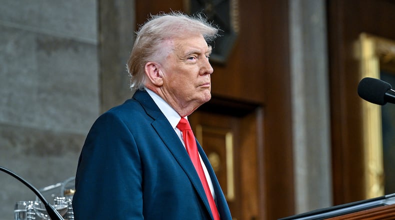 President Donald Trump delivers the State of the Union address to a joint session of Congress in the House chamber at the U.S. Capitol in Washington, Tuesday, Feb. 24, 2026. (Kenny Holston/The New York Times via AP, Pool)