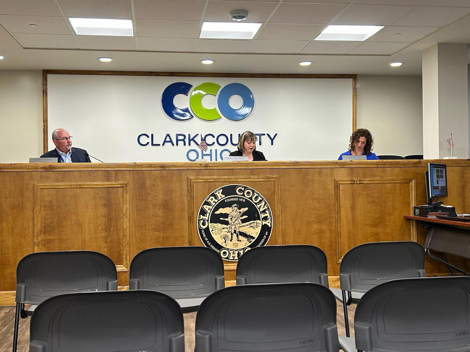 Clark County Commissioners Charles Patterson, Sasha Rittenhouse and Melanie Flax Wilt during the April 9, 2025 meeting. Brooke Spurlock/Staff