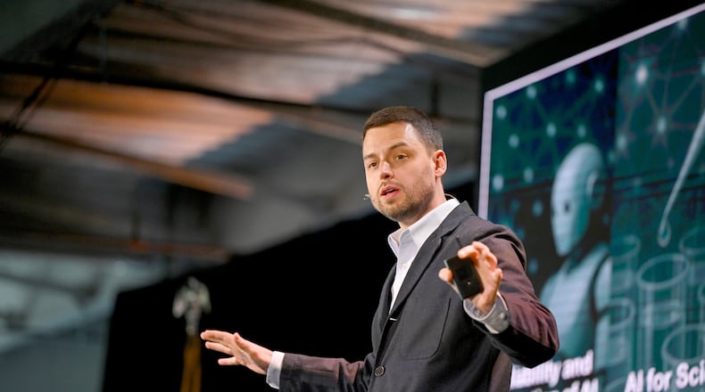 Carnegie Mellon University Head of Machine Learning, Zico Kolter delivers a keynote speech at AI Horizons Summit in Bakery Square on Thursday, Sept. 11, 2025 in Pittsburgh. (Sebastian Foltz/Pittsburgh Post-Gazette via AP)