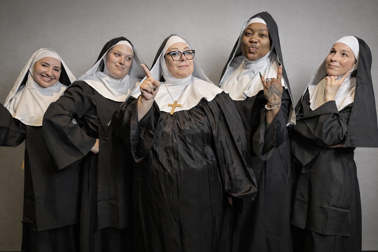 Left: Emerson Benbrahim (Sister Mary Leo), Danielle Kubasky (Sister Mary Hubert), Angie Thacker (Sister Mary Regina), Samantha Renee (Sister Robert Anne) and Kylene Terhune (Sister Mary Amnesia) star in TheatreLab Dayton's production of "Nunsense." Photo by Mackensie King