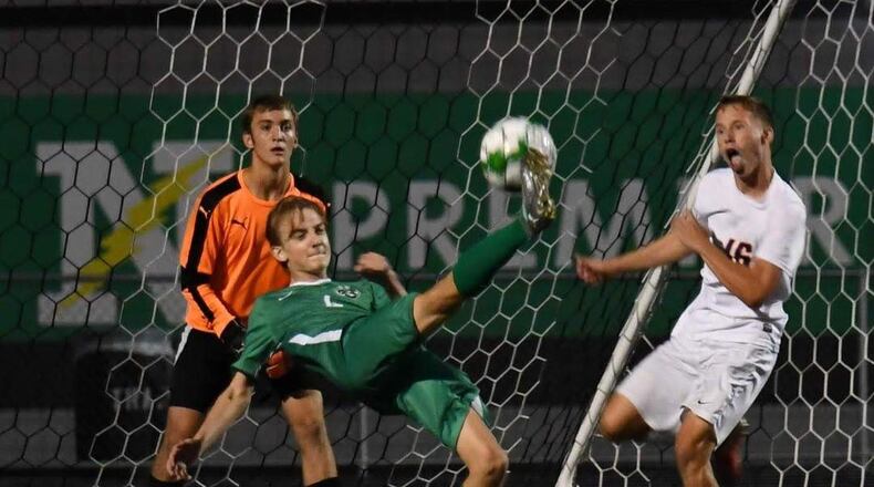 Gavin Lucas tries to score on a bicycle kick for the Northmont High School soccer team. Lucas is one of Northmont’s Class of 2020 valedictorians. CONTRIBUTED PHOTO