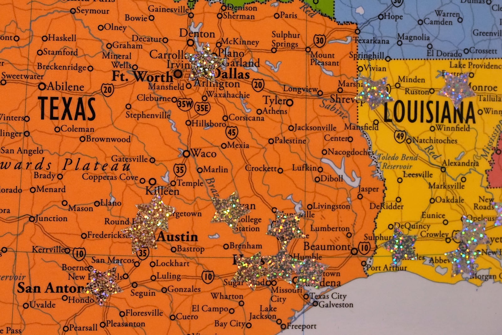 Star stickers are placed on a map showing where in Texas and Louisiana the Massachusetts Medication Abortion Access Project sends medication to their clients, May 13, 2025, in Somerville, Mass. (AP Photo/Charles Krupa)