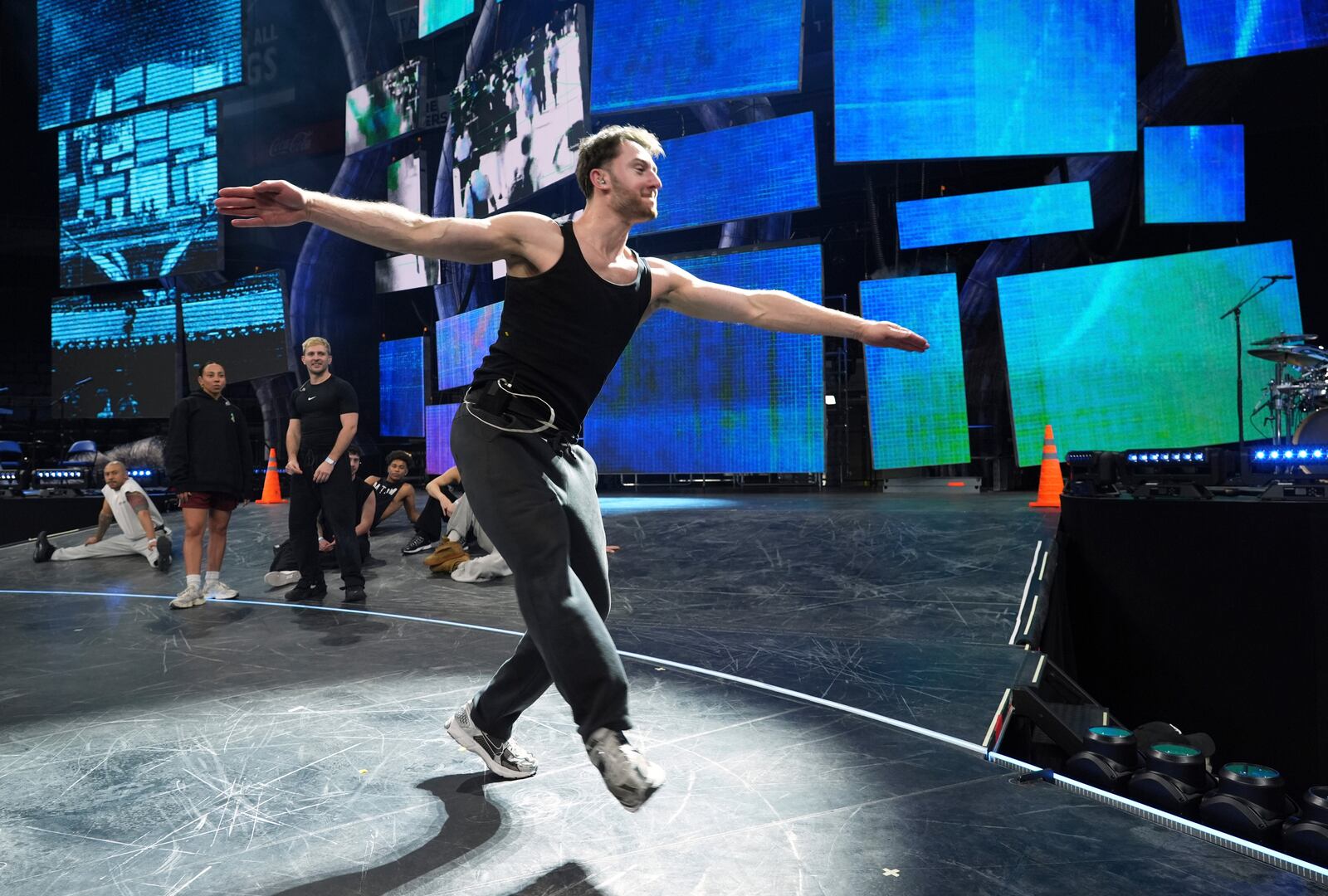 Dancer Evan DeBenedetto rehearses a move during preparations for Katy Perry's "The Lifetimes Tour" at the Toyota Arena on Wednesday, April 9, 2025, in Ontario, Calif. (AP Photo/Chris Pizzello)