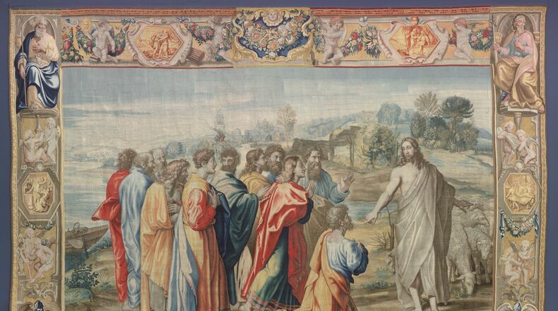 Mortlake Tapestry Manufactory (after designs by Raphael), Feed My Sheep (Christ’s Charge to Peter), after 1625. Tapestry, Staaliche Kunstsammlugen Dresden, Gemäldegalerie Alte Meister. CONTRIBUTED