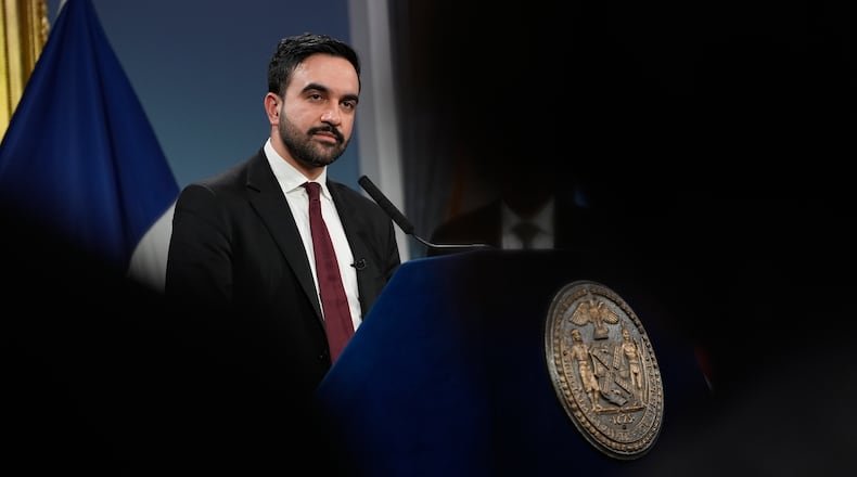 New York City Mayor Zohran Mamdani speaks to reporters during a news conference in New York, Tuesday, Feb. 17, 2026. (AP Photo/Seth Wenig)