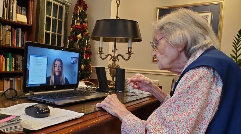 Tina Schmidt, an assisted living resident at the Walnut Creek Senior Living Center, during a Zoom call Hannah Osland, a junior midfielder on the Dayton soccer team. CONTRIBUTED