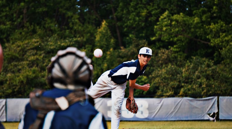 Edgewood junior Carson Downie sends a pitch to the plate during their game against Franklin earlier this season. CHRIS VOGT / CONTRIBUTED