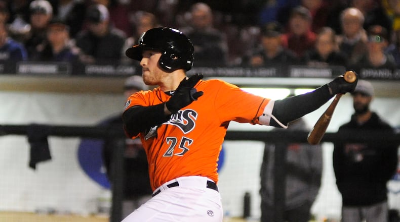 Dragons first baseman Bren Spillane. Dayton defeated visiting Lake County 10-3 at Fifth Third Field on Friday, April 12, 2019. MARC PENDLETON / STAFF