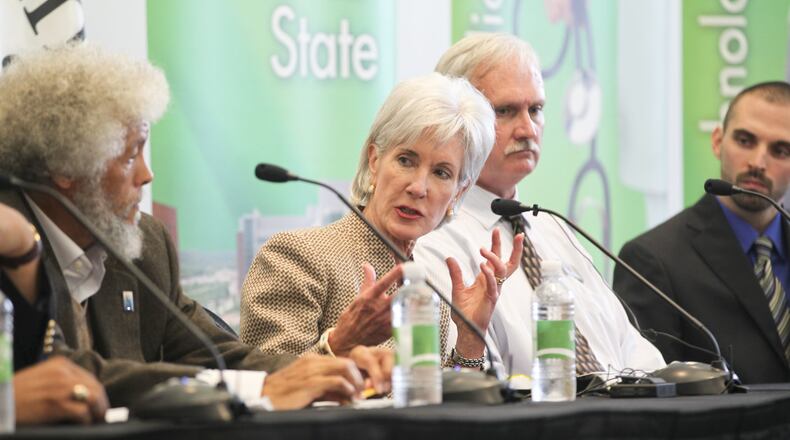 Kathleen Sebelius, Secretary of the U.S. Department of Health and Human Services, during Wednesday’s panel discussion on the Affordable Care Act at Cincinnati State in Clifton.