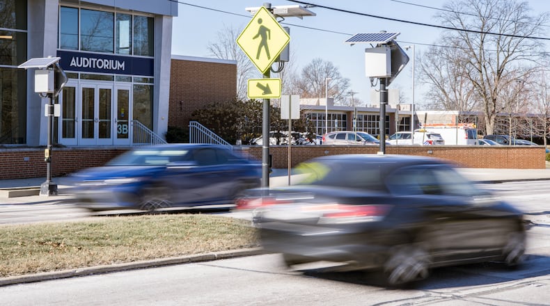 Cars drive by Fairmont High School near a crosswalk on Shroyer Road on Tuesday, Jan. 20. A Fairmont student was hit by a vehicle while crossing Lincoln Park Boulevard on Jan. 9. There were eight crashes involving a pedestrian in a school zone in 2025. BRYANT BILLING/STAFF