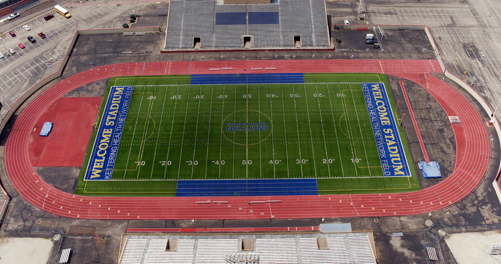 Aerial view of Dayton Public Schools' Welcome Stadium looking west several years ago.   DDN FILE PHOTO