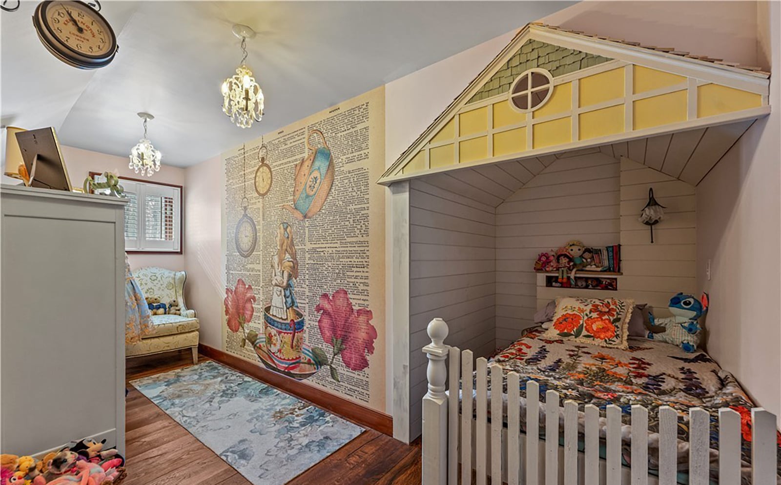 The primary bedroom originally had a second walk in closet, which has been converted into an "Alice in Wonderland" themed room with a built in custom bed, hardwood floors and two decorative chandeliers. CONTRIBUTED