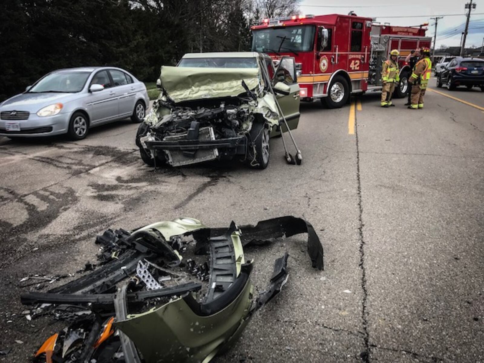 The driver of this car was taken to a hospital Monday afternoon, April 9, 2018, after a collision with a Centerville school bus on Far Hills Avenue. (Jim Noelker/Staff)