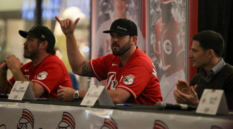 Mike Moustakas participates in the Reds Caravan during the North Tour stop on Thursday, Jan. 16, 2020, at Polaris Fashion Place in Columbus. David Jablonski/Staff