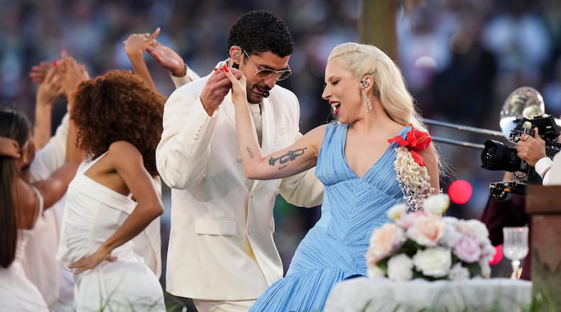 Bad Bunny and Lady Gaga perform during halftime of the NFL Super Bowl 60 football game between the New England Patriots and the Seattle Seahawks, Sunday, Feb. 8, 2026, in Santa Clara, Calif. (AP Photo/Lynne Sladky)