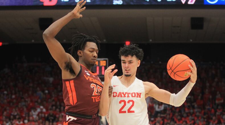 Dayton's Mustapha Amzil looks for a shot against Virginia Tech on Sunday, Dec. 12, 2021, at UD Arena. David Jablonski/Staff