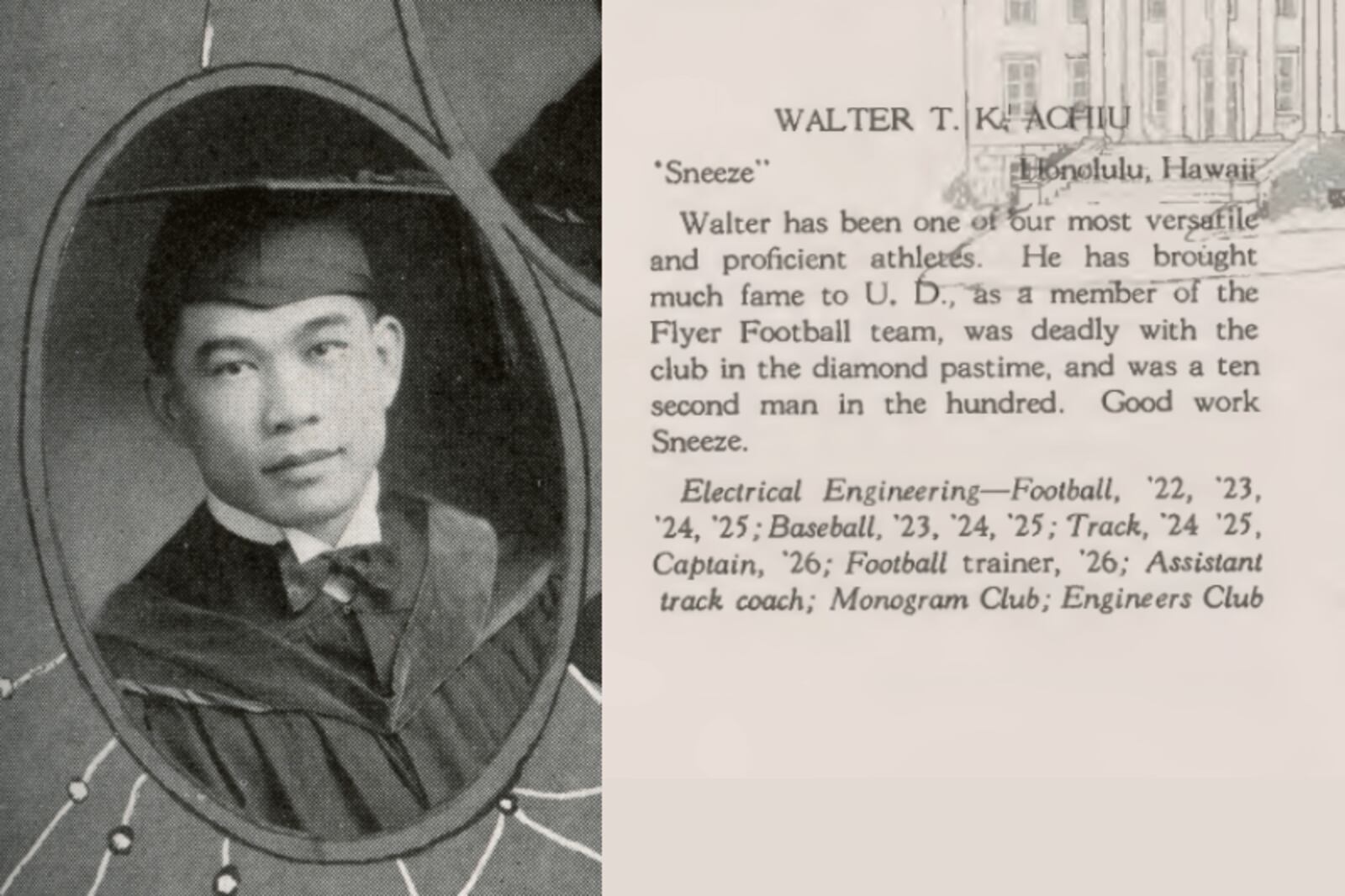 Walter “Sneeze” Achiu from the 1927 UD yearbook. He graduated with an electrical engineering degree and earned nine varsity letters in three sports and also served as an athletic trainer and football manager, while going to UD. CONTRIBUTED PHOTO