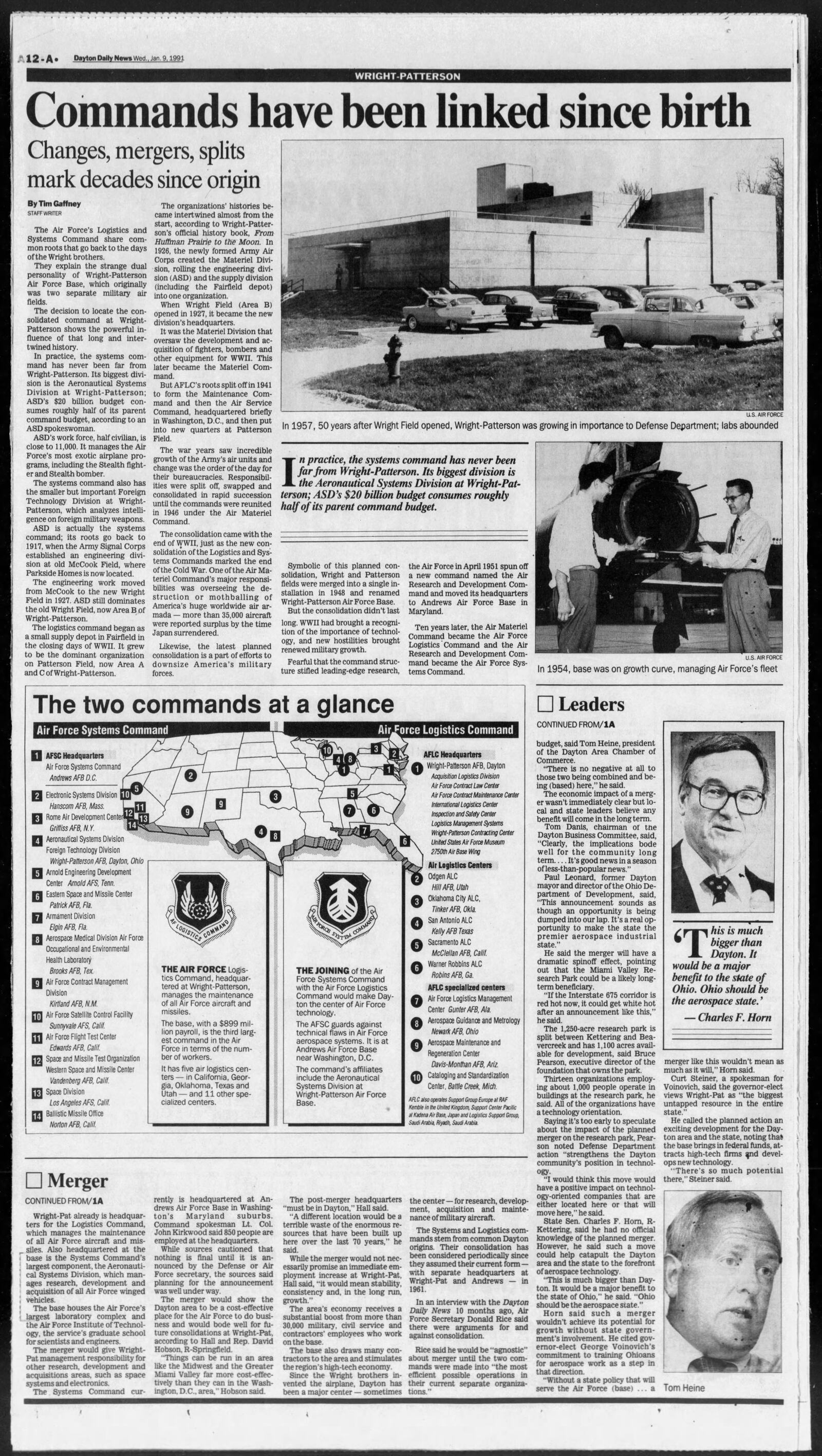 Jan. 9, 1991 - Wright-Pat, Valley win big. The Defense Department is planning a merger of the Air Force Logistics and Systems commands, which would make Dayton the unquestioned hub of Air Force technology. DAYTON DAILY NEWS ARCHIVES