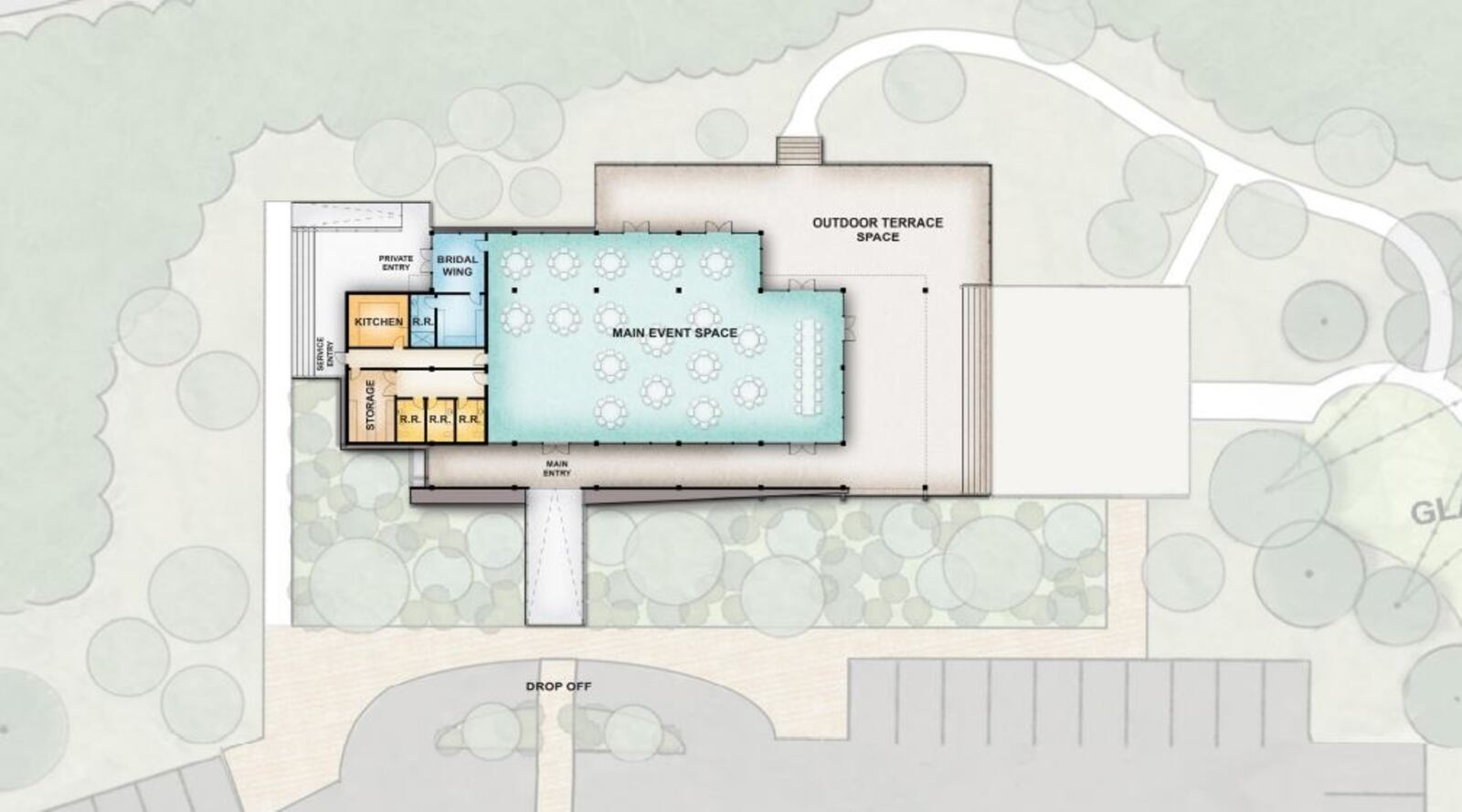 Centerville is seeking funding for Benham’s Grove, a 19th century event center complex and community gathering space located on land settled more than 200 years ago. A recently submitted concept plan shows a preliminary design for a new event center at the site via exterior and interior illustrations. It also provides a preliminary site plan and a floor plan for the center, showing main event space, outdoor terrace space, a bridal wing and more. CONTRIBUTED BY LWC INC.
