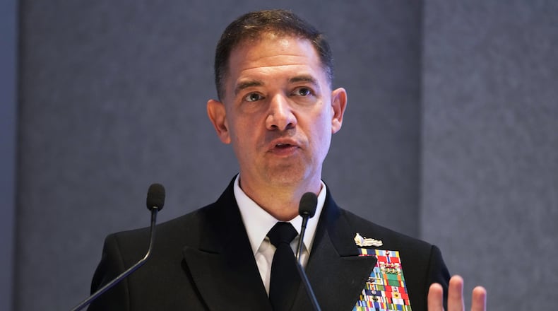 FILE - U.S. Navy Vice Adm. Brad Cooper, speaks at an event at the International Defense Exhibition and Conference in Abu Dhabi, United Arab Emirates, Feb. 21, 2023. (AP Photo/Jon Gambrell, File)