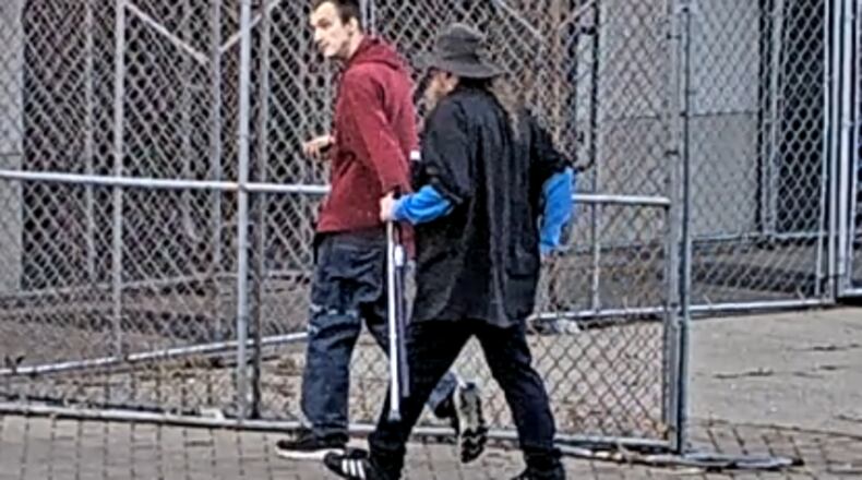 An image captured by a security camera in downtown Dayton of two suspects in an attempted robbery that occurred on Oct. 17, 2024. CONTRIBUTED