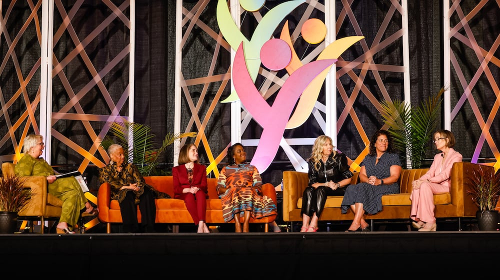 Moderator Cathy Ponitz (left) interviews the 2026 YWCA Dayton Women of Influence honorees: Debbie Blunden-Diggs, Chief Executive and Artistic Director, Dayton Contemporary Dance Company; Robyn Lightcap, Executive Director, Preschool Promise; Myla Cardona-Jones, CEO, Brunner Literacy Center; Heather Salazar, President and CEO, Pink Ribbon Good; Lisa Wagner, Executive Director, Levitt Pavilion Dayton; and Vicki Giambrone, Partner, CBD Advisors, recipient of the Betsy Whitney Lifetime Achievement Award. The ceremony took place March 12 at the Dayton Convention Center. NICK GRAHAM/STAFF