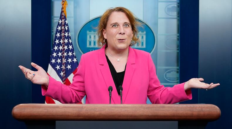 "Jeopardy!" champion Amy Schneider speaks with members of the press in the James S. Brady Press Briefing Room at the White House, Thursday, March 31, 2022, in Washington. Schneider was visiting the White House to participate in Transgender Day of Visibility. (AP Photo/Patrick Semansky)