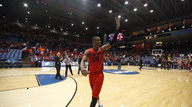 Dayton senior Jordan Sibert leaves the court after a victory against Boise State in the First Four on Wednesday, March 18, 2015, at UD Arena. David Jablonski/Staff