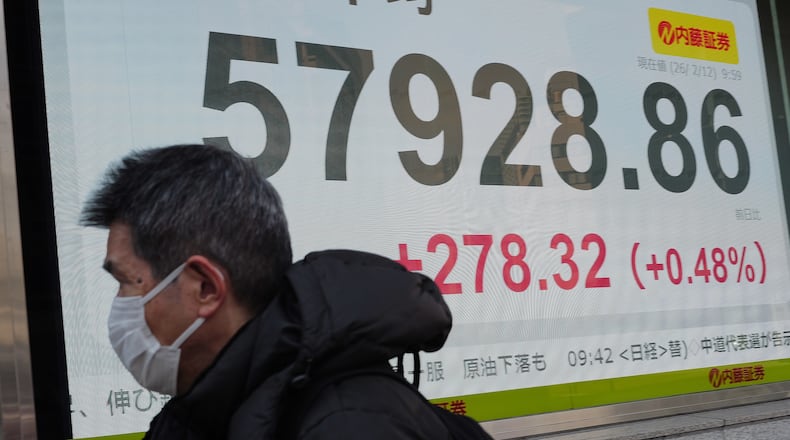 A person walks in front of an electronic stock board showing Japan's Nikkei index at a securities firm Thursday, Feb. 12, 2026, in Tokyo. (AP Photo/Eugene Hoshiko)