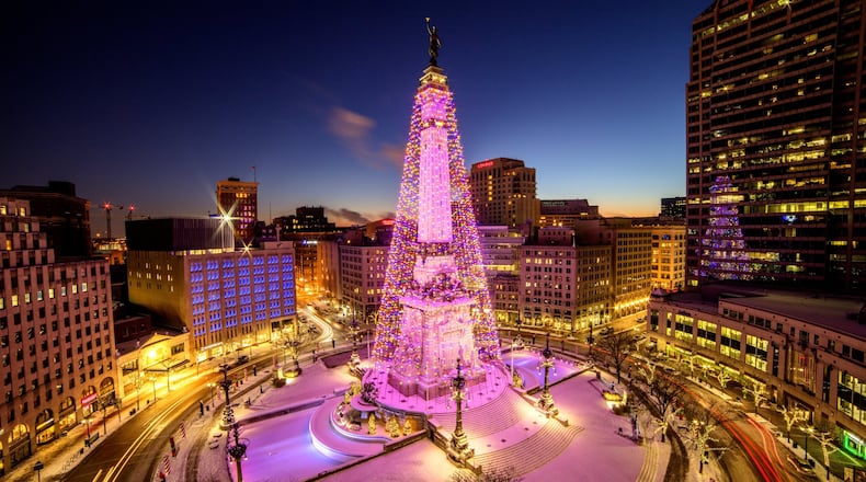 Circle of Lights on Monument Circle in downtown Indianapolis.