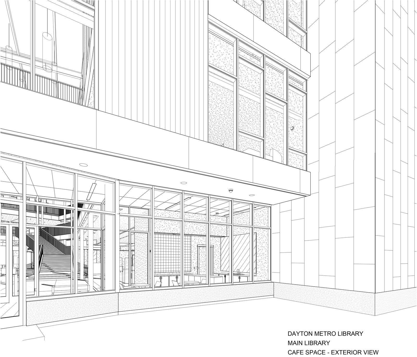 Render of cafe space at the main branch of the Dayton Metro Library.