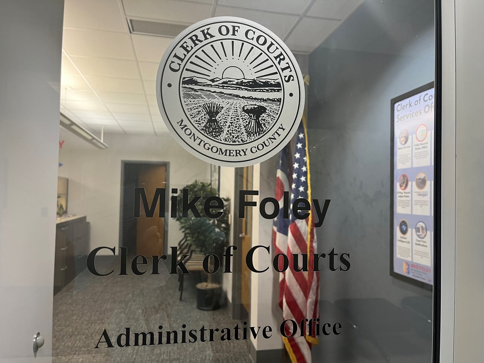 No one answered a buzz at the locked door to the Montgomery County Clerk of Courts office at 3:55 p.m. Wednesday, July 31, 2024, the same day Mike Foley was indicted on multiple felony charges, including theft in office. CORNELIUS FROLIK/STAFF