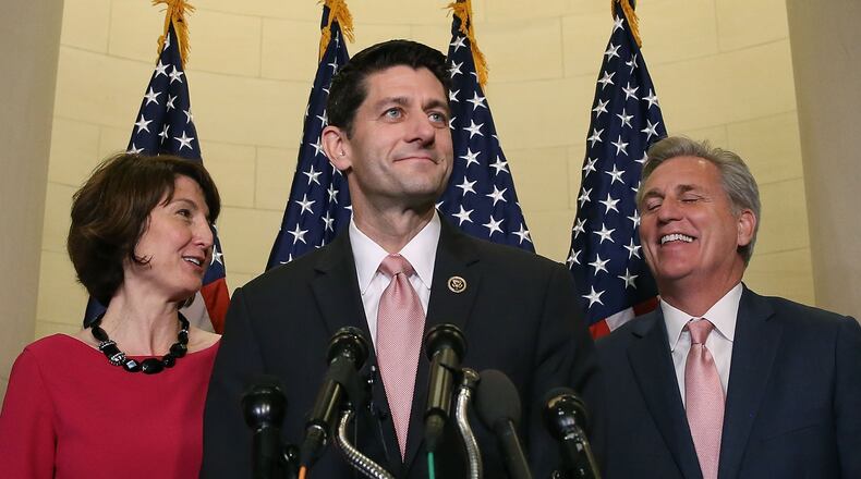 WASHINGTON, DC - OCTOBER 28: Rep. Paul Ryan (R-WI) (C) speaks to the media while flanked by House Majority Leader Kevin McCarthy (R-CA) and Chairman of the House Republican Conference Rep. Cathy McMorris Rodgers (R-WA) after House Republicans nominated him to be the next Speaker of the House at the US Capitol October 28, 2015 in Washington, DC. Ryan will replace outgoing House Speaker John Boehner. (Photo by Mark Wilson/Getty Images)